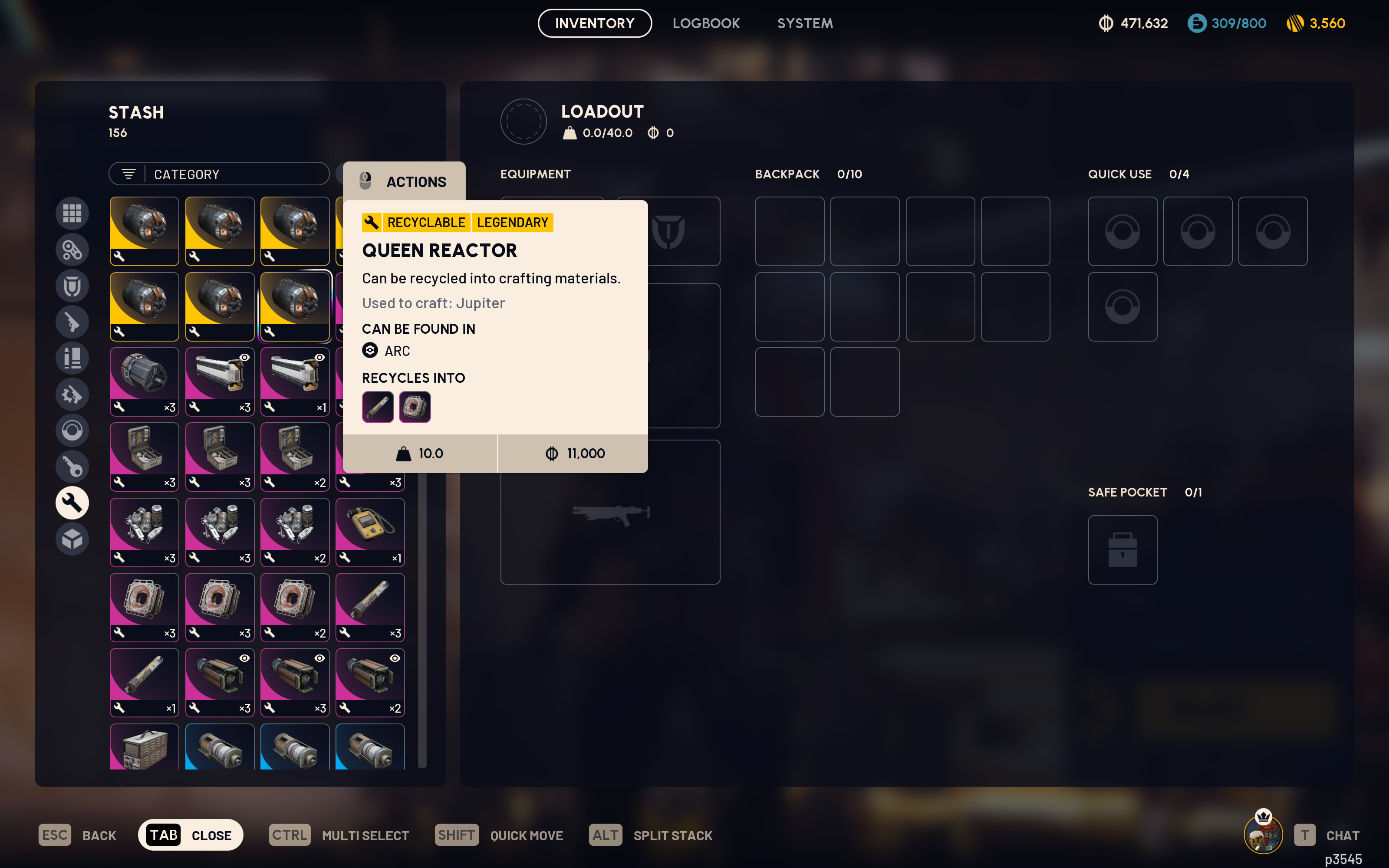 Arc Raiders: A player inspecting a Queen Reactor in the inventory screen, showcasing the new recycling output details.