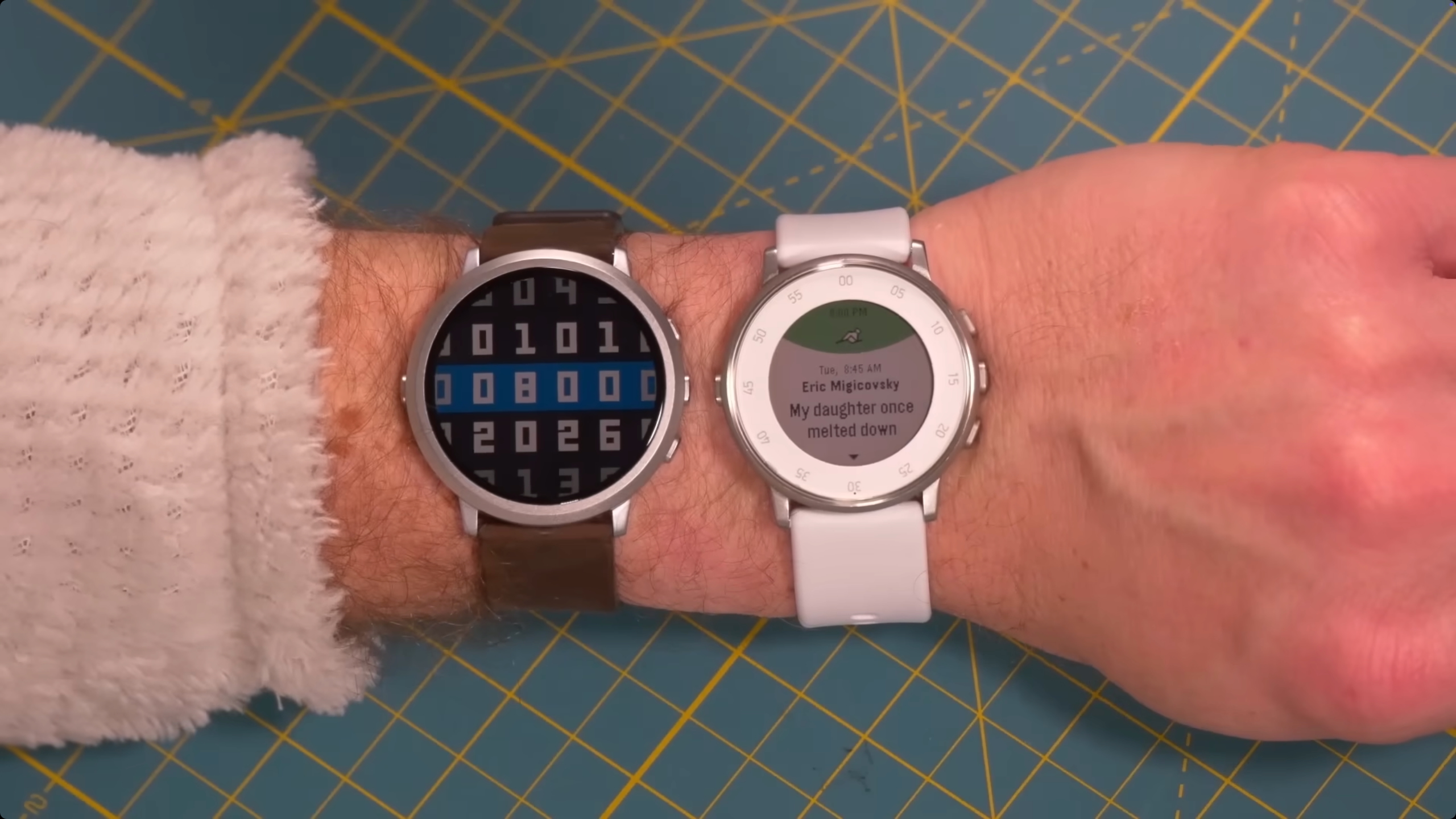 The Pebble Round 2 (left) and 2015 Pebble Time Round (right) shown on one wrist.