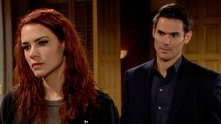 Courtney Hope and Mark Grossman as Sally and Adam in an uncomfortable moment in The Young and the Restless 