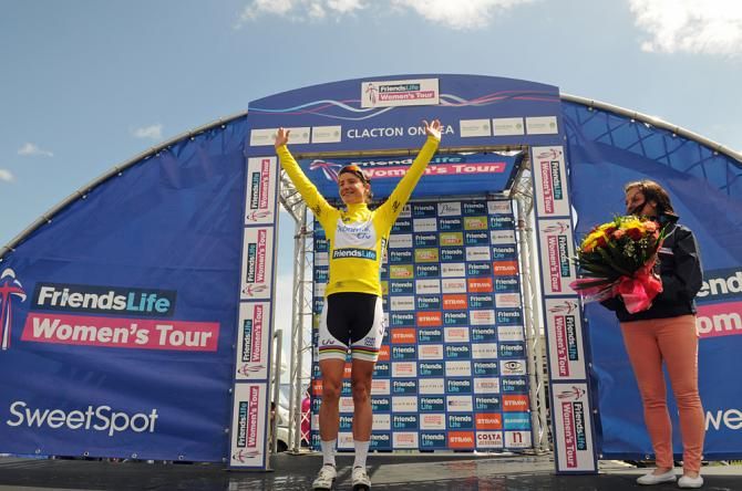 Marianne Vos in the leader's jersey at the Women's Tour after stage 3