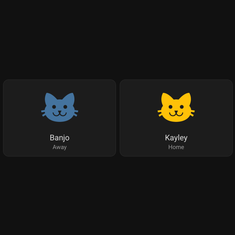 Toby Jackson's app view for the SureFlap Microchip Cat Door Connect with Hub, one of the best microchip cat flaps, showing that his cat Banjo is away and Kayley is at home with a drawing of two cats and the text underneath