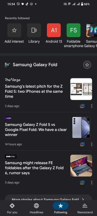 Google News' redesigned following tab showing various topics