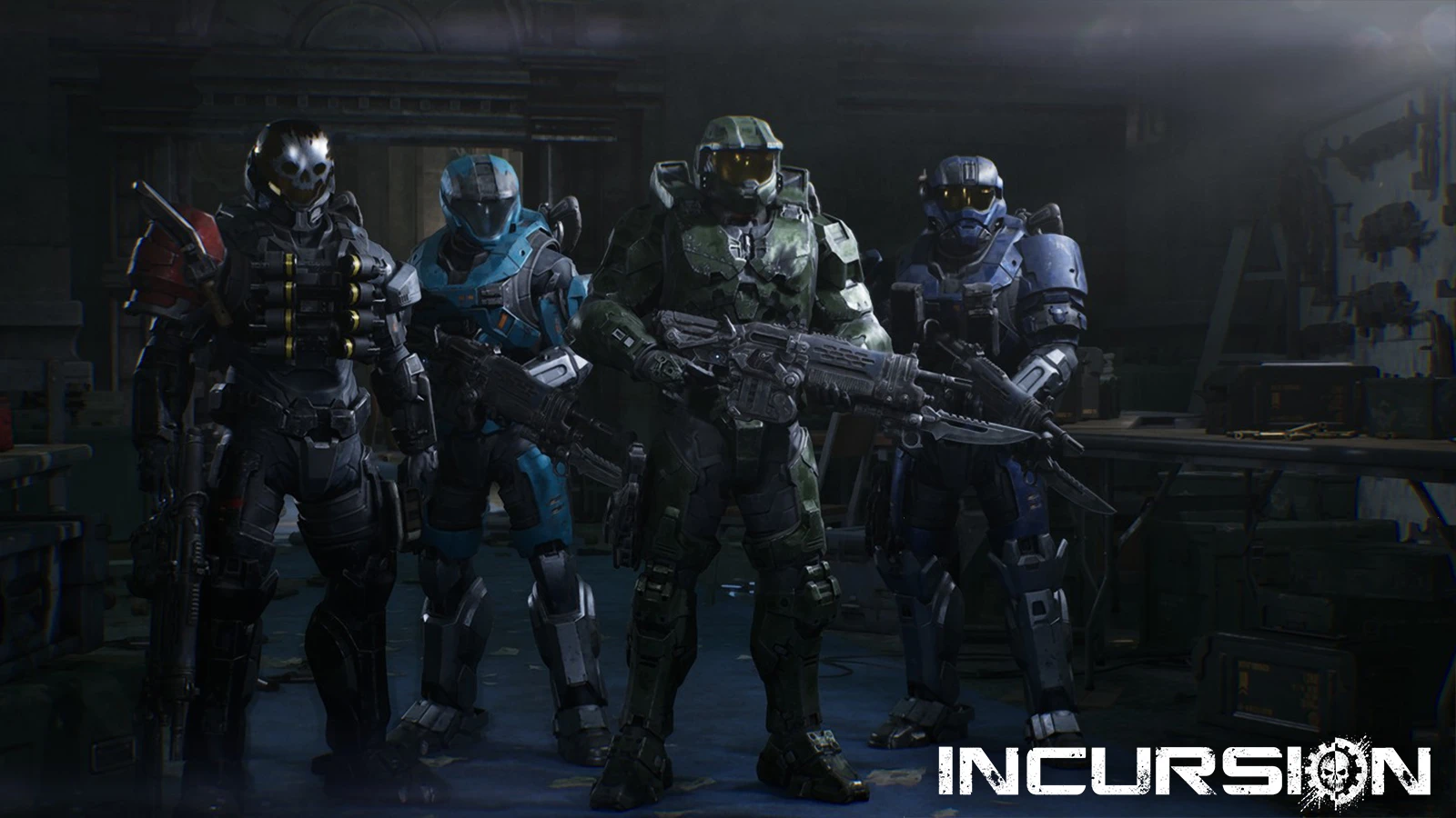 Master Chief stands alongside Halo: Reach Spartans Emile, Kat, and Carter in Gears of War: E-Day using the Incursion character replacement mod.