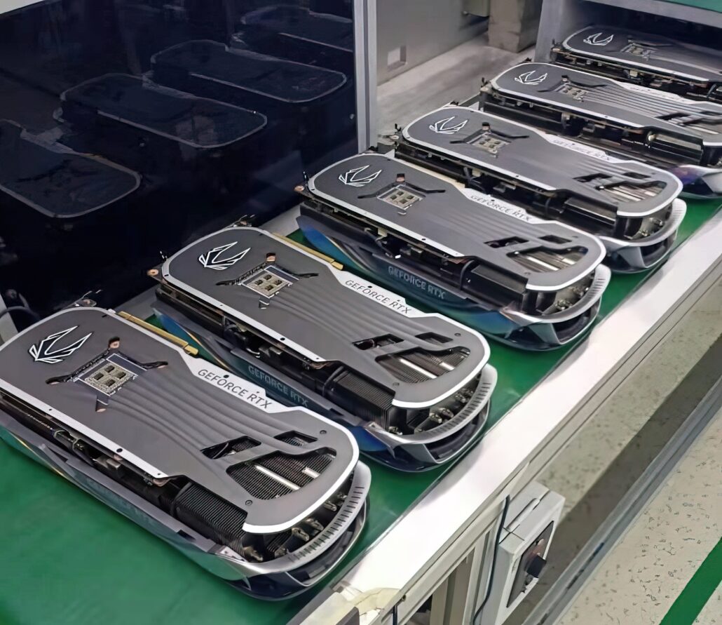 four rtx 4090 gpus lined up in a row