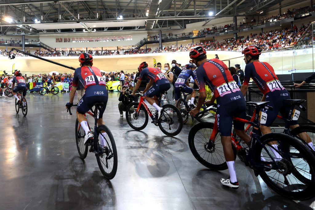 Ineos Grenadiers team signs in at the velodrome in Saint-Quentin-en-Yvelines, a nod to the upcoming 2024 Olympic Gamges