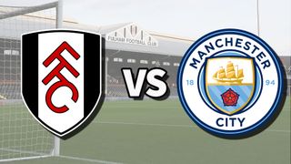 The Fulham and Manchester City club badges on top of a photo of Craven Cottage in London, England