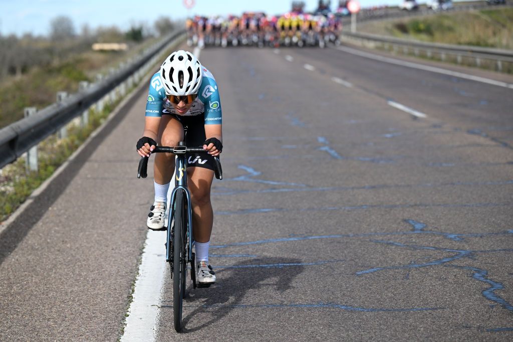 GANDIA SPAIN FEBRUARY 13 Mariana Libano of Portugal and Eneicat CMTeam attacks in the chase group during the 9th Setmana Ciclista Volta Femenina de la Comunitat Valenciana 2025 Stage 1 a 112km stage from Alzira to Gandia on February 13 2025 in Gandia Spain Photo by Szymon GruchalskiGetty Images