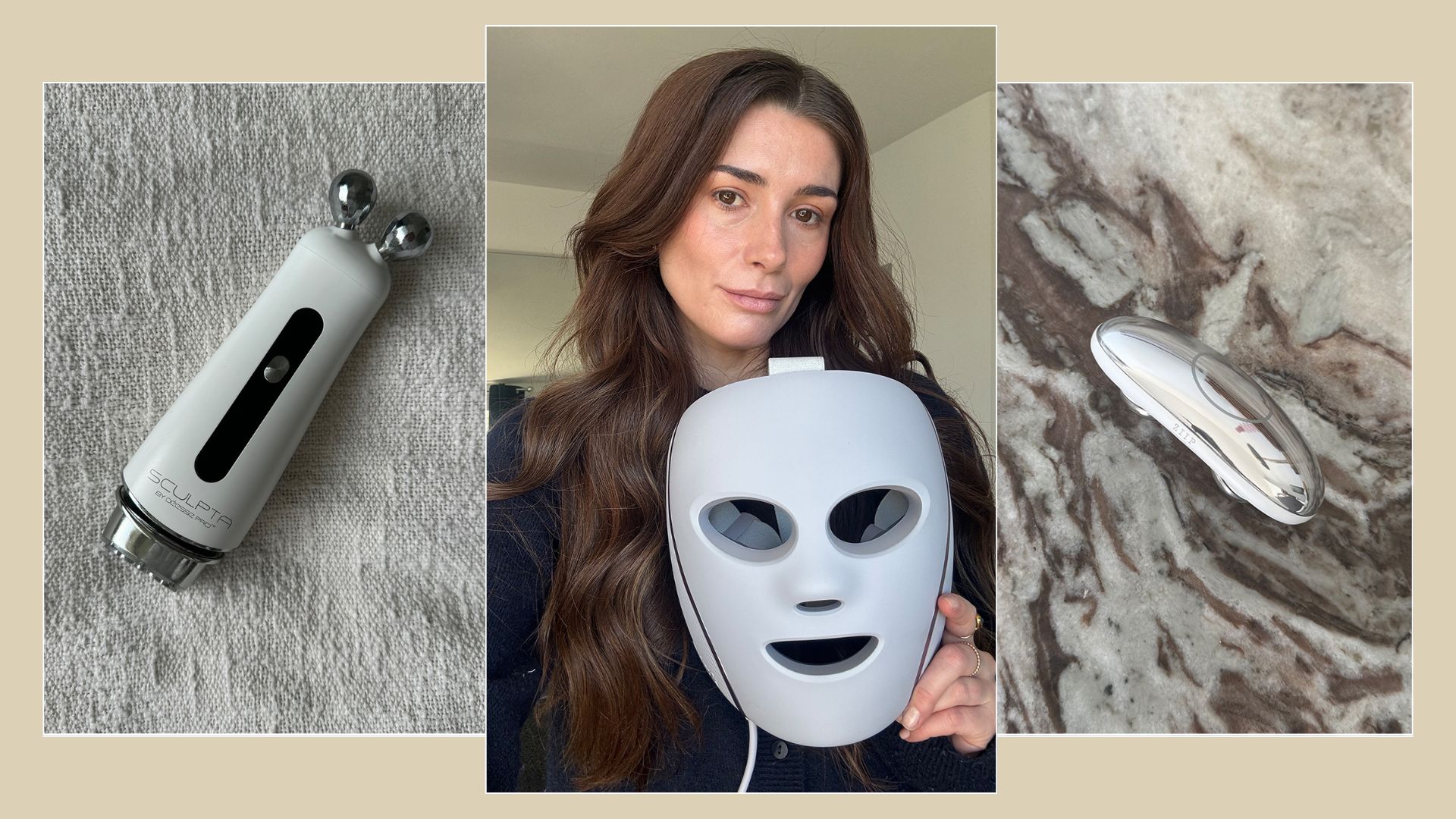 A collage with pictures of Eleanor testing the Shark LED Cryoglow mask, and photos of the Deessee Pro Sculpta device and Ziip Halo microcurrent device on a marble table