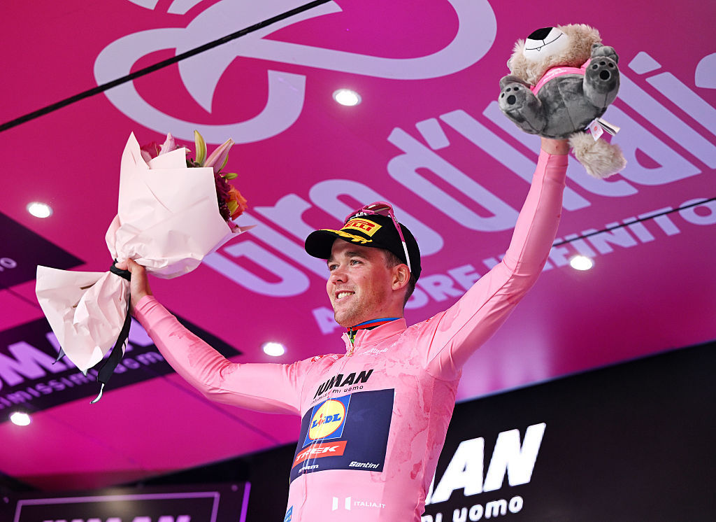 VLORE ALBANIA MAY 11 Mads Pedersen of Denmark and Team Lidl Trek celebrates at podium as Pink Leader Jersey winner during the 108th Giro dItalia 2025 Stage 3 a 160km stage from Vlore to Vlore UCIWT on May 11 2025 in Vlore Albania Photo by Dario BelingheriGetty Images