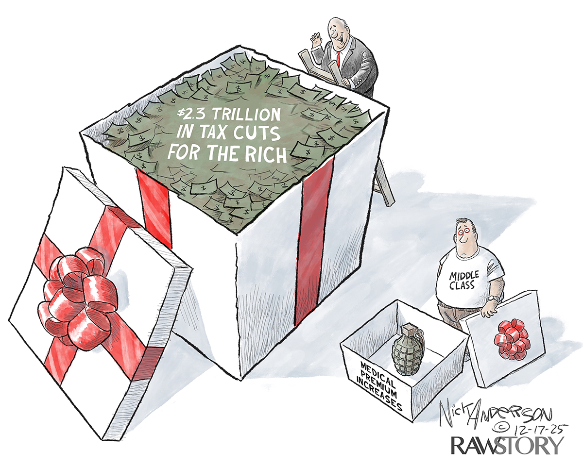 This cartoon is dominated by the image of a huge, opened present that is filled with cash and reads $2.3 trillion in tax cuts for the rich. A man has climbed a ladder and looks down into the box as he smiles. At right, a much smaller box has been opened by a middle class man. That box has a grenade inside it and is labeled &amp;ldquo;Medical premium increases.&amp;rdquo;