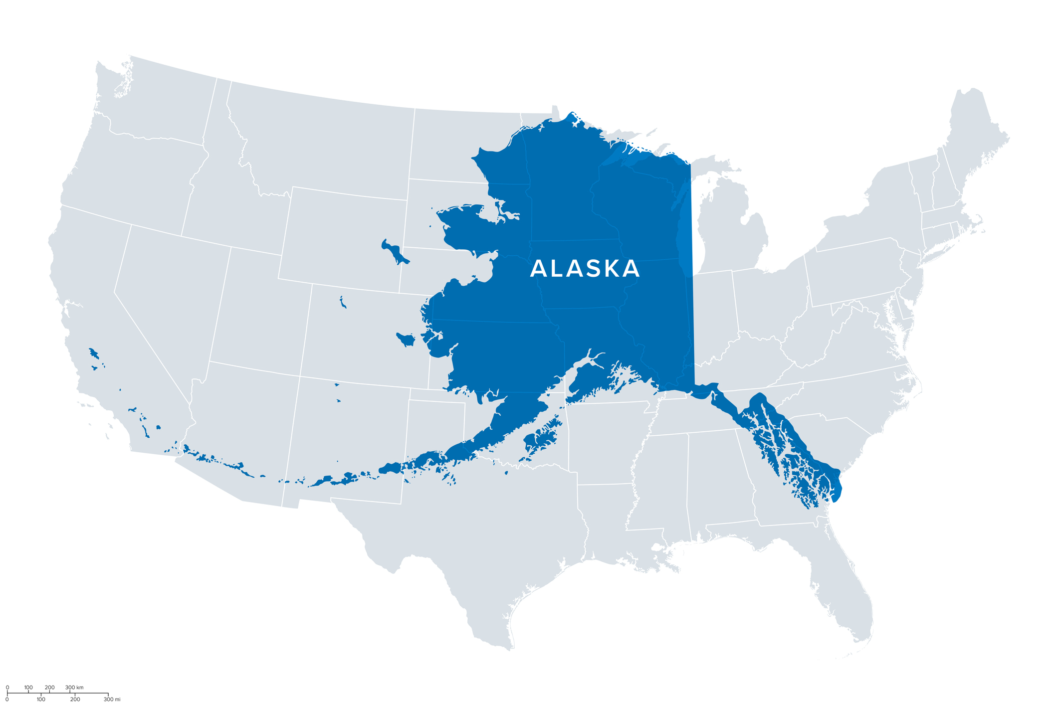Alaska, size comparison, map. U.S. state of Alaska, compared with contiguous states. By far the largest state in the United States, more than twice the size of Texas, which is the 2nd-largest state.