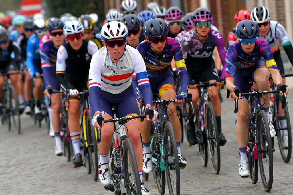 OUDENAARDE BELGIUM APRIL 04 Alice Barnes of United Kingdom and Team Canyon SRAM Racing Katarzyna Niewiadoma of Poland and Team Canyon SRAM Racing Tiffany Cromwell of Australia and Team Canyon SRAM Racing during the 18th Ronde van Vlaanderen Tour of Flanders 2021 Womens Elite a 1524km race frim Oudenaarde to Oudenaarde RVV21 rondevanvlaanderen tourofflanders UCIWWT on April 04 2021 in Oudenaarde Belgium Photo by Luc ClaessenGetty Images