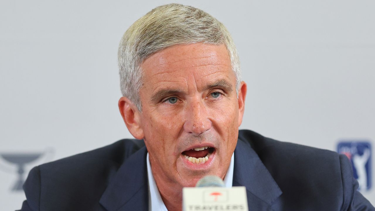 Jay Monahan talks to the media before the Travelers Championship at TPC River Highlands 