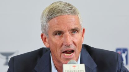 Jay Monahan talks to the media before the Travelers Championship at TPC River Highlands 