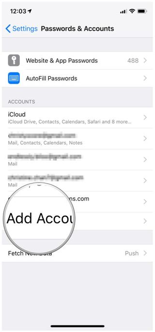 iOS Settings add account