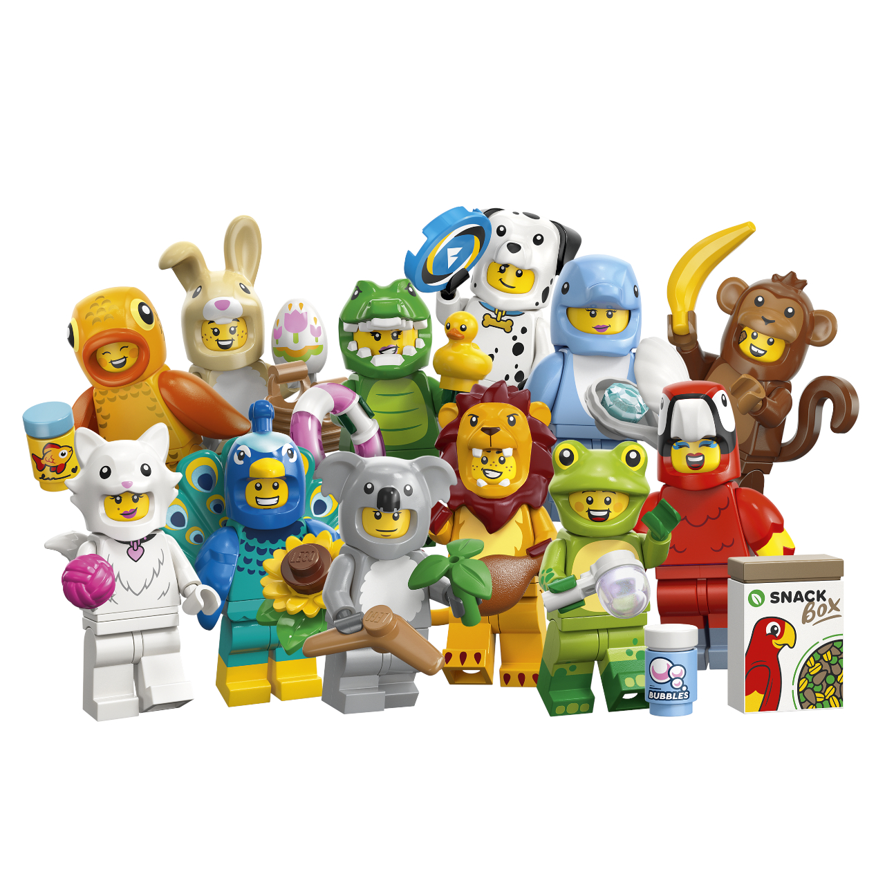 Lego Minifigures in animal costumes on a plain background