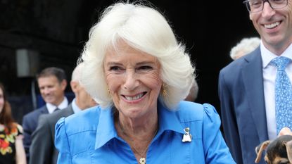 Queen Camilla smiles as she visits the new RHS and BBC Radio 2 'Dog Garden', designed by Monty Don at Battersea Dogs & Cats Home on July 14, 2025