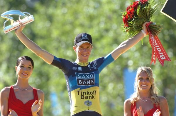 Chris Anker S&ouml;rensen (Saxo Bank) on the podium as the most combatitve rider in the Tour