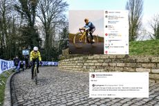 Wout van Aert rides up the Kappelmuur, with social media posts overlaid