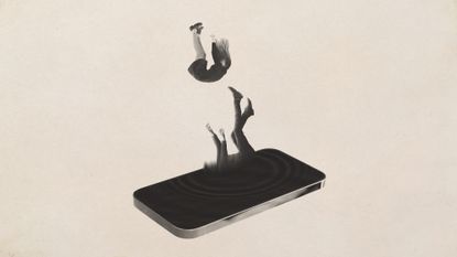 Photo collage of two people falling into a giant phone screen