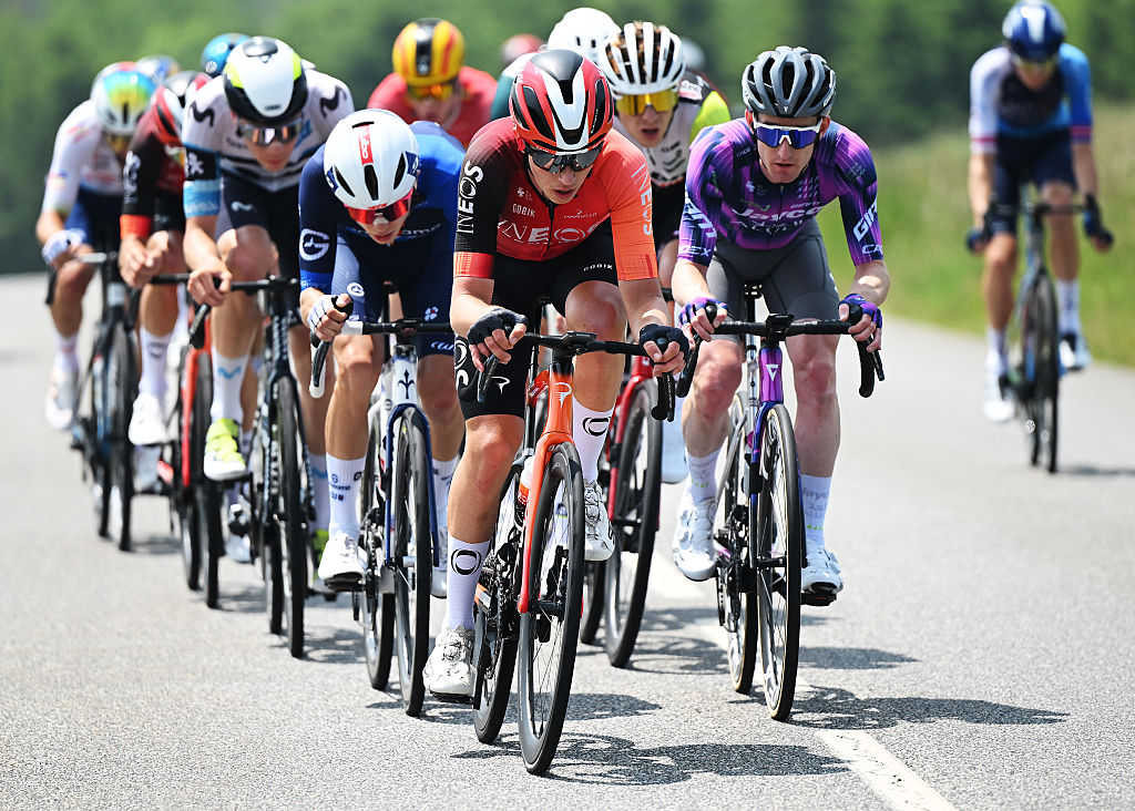 CHARANTONNAY FRANCE JUNE 10 LR Michael Leonard of Canada and Team INEOS Grenadiers and Eddie Dunbar of Ireland and Team Jayco AlUla compete during the 77th Criterium du Dauphine 2025 Stage 3 a 2072km stage from Brioude to Charantonnay UCIWT on June 10 2025 in Charantonnay France Photo by Dario BelingheriGetty Images