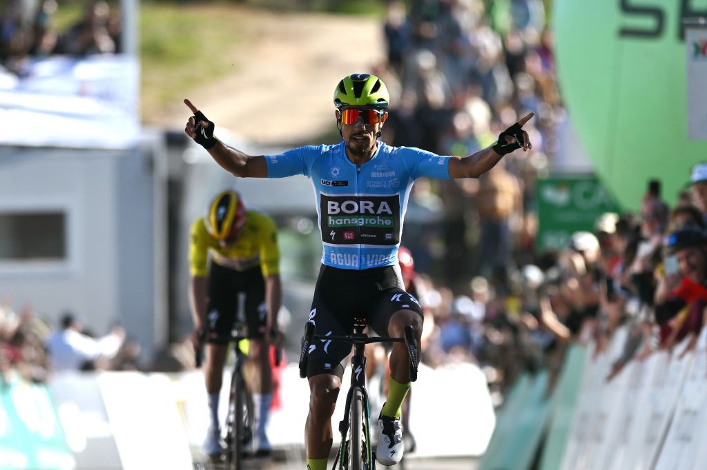ALTO DO MALHAO PORTUGAL FEBRUARY 18 EDITORS NOTE Alternate crop Daniel Felipe Martinez of Colombia and Team BORA hansgrohe Blue Mountain Jersey celebrates at finish line as stage winner during the 50th Volta ao Algarve em Bicicleta 2024 Stage 5 a 1658km stage from Faro to Alto do Malhao 514m on February 18 2024 in Alto do Malhao Portugal Photo by Dario BelingheriGetty Images