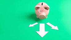 A piggy bank at the fork of a road with multiple paths