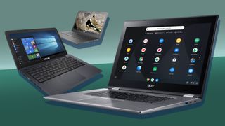 Laptops under $300 against a green color block background