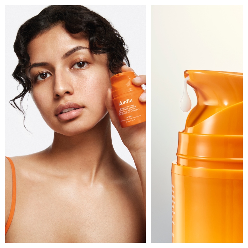 Skinfix orange bottle held by a woman with dark curly hair next to an orange bottle with white cream