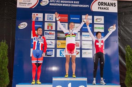 Elite women's marathon worlds podium for 2012: Gunn-Rita Dahle Flesjaa (Norway), Annika Langvad (Denmark), Ester Suss (Switzerland)