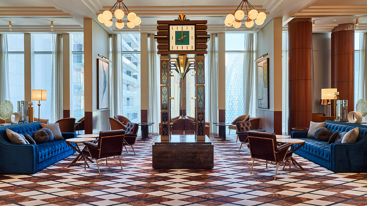 The clock in the Peacock Lounge at the Waldorf Astoria Dubai International