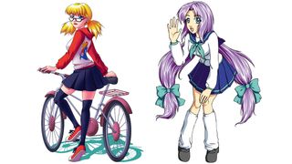 Manga art; illustrations of girls, one on a bike and one a student, in the manga style
