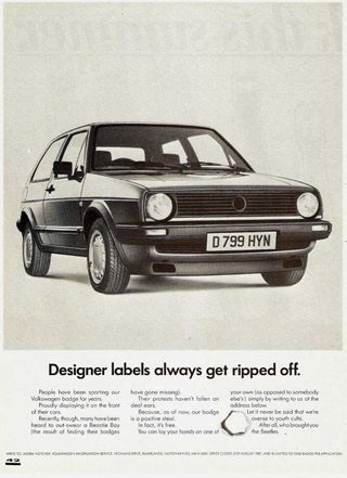 Volkswagon advert featuring a badge-less VW Golf
