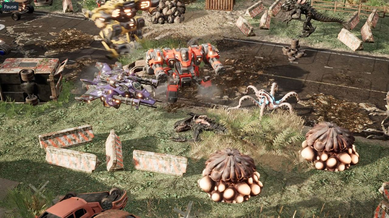An image of mechs fighting giant monsters from game Mech Armada