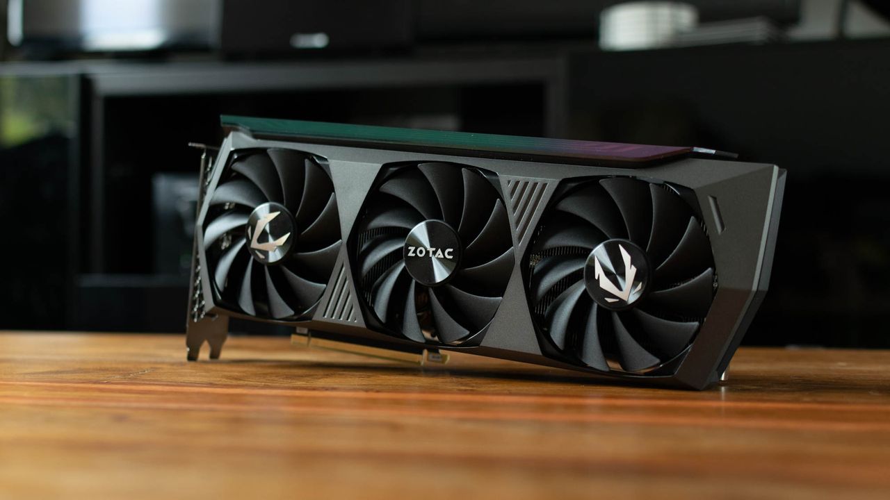 A photograph of the Zotac GeForce RTX 3080 AMP Holo stood on its side