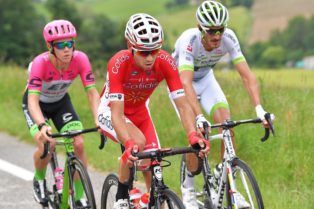 Nicolas Edet (Cofidis, Solutions Credits), Brice Feillu (Fortuneo-Samsic), Lawson Craddock (EF Education First-Drapac) in the breakaway during stage 1 at Criterium du Dauphine