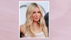 Image of Sienna Miller smiling with blonde beachy Boho Waves, wearing a white lace cami dress, on a lilac background