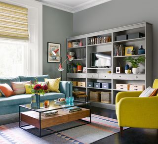 small living room with grey painted storage unit