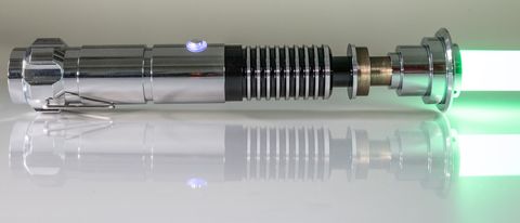 The SabersPro Luke lightsaber, side on against a neutral background.