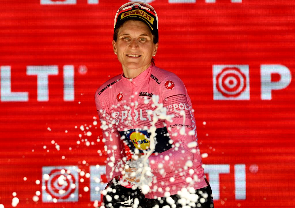FOLIGNO ITALY JULY 11 Elisa Longo Borghini of Italy and Team Lidl Trek Pink Leader Jersey celebrates at podium during the 35th Giro dItalia Women 2024 Stage 5 a 108km stage from Frontone to Foligno UCIWWT on July 11 2024 in Foligno Italy Photo by Luc ClaessenGetty Images