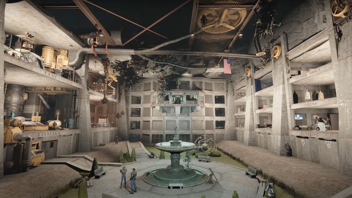 A screenshot shows an elaborate Fallout 4 vault.