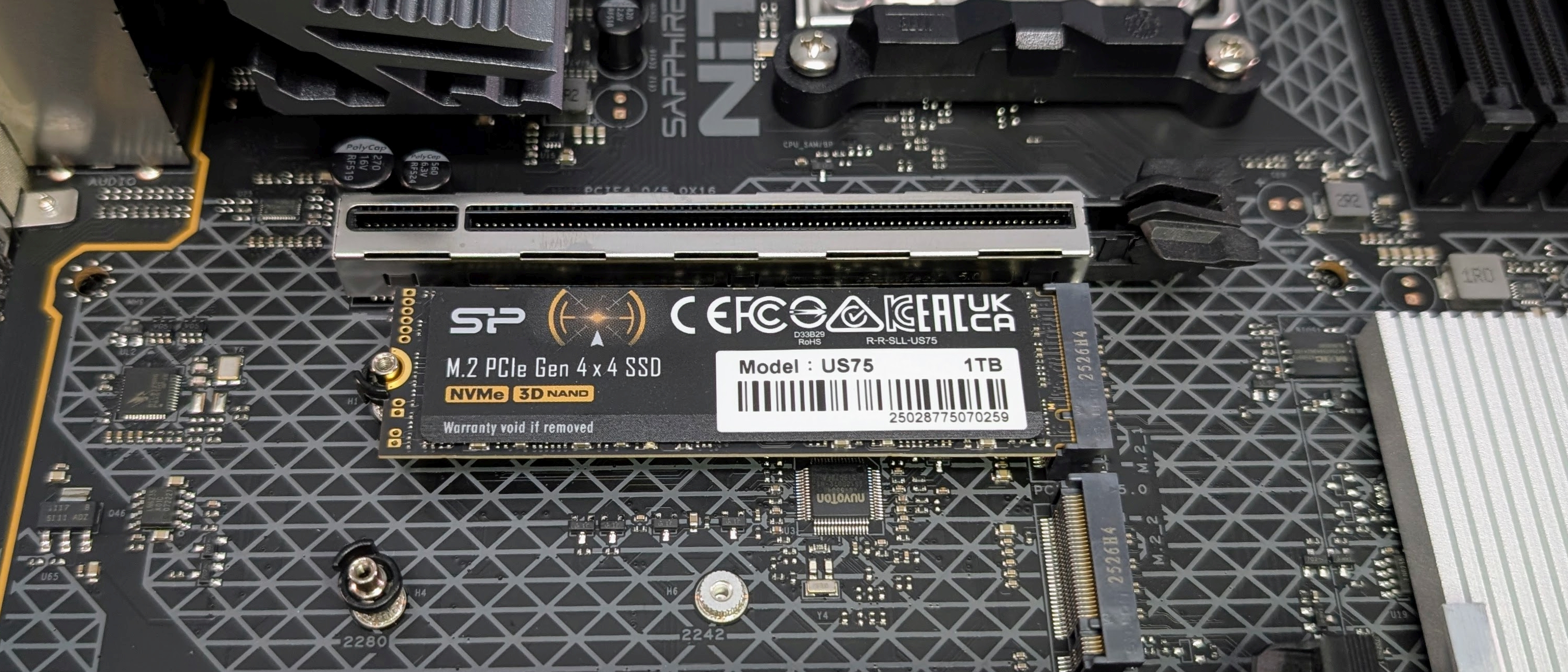 Silicon Power US75 SSD installed in a motherboard (wide angle)