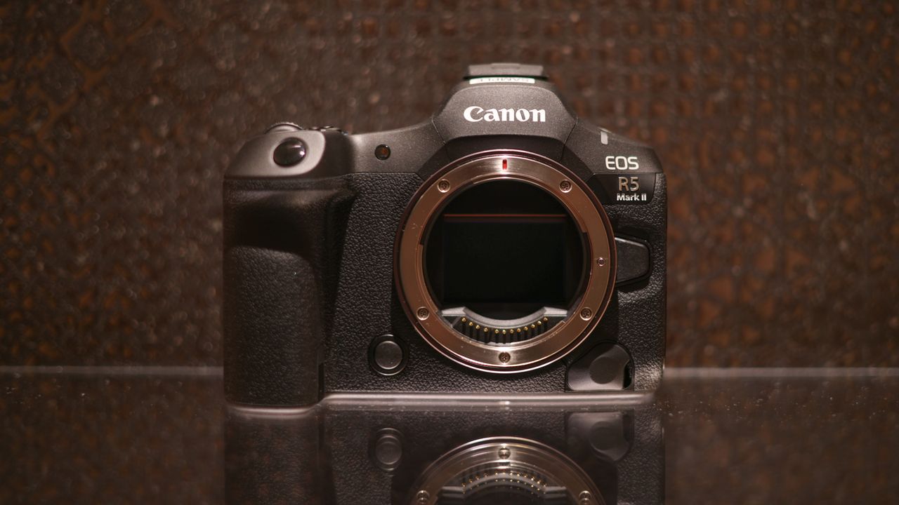Canon EOS R5 Mark II against a dark background