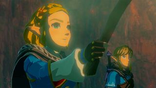 Zelda holding torch with Link in a dark cavern in Breath of the Wild 2