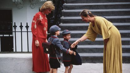 Diana, Princess of Wales (1961 - 1997) with her sons Prince William and Prince Harry on Harry's first day at Wetherby School in London, September 1989. 