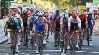 French rider of team Groupama FDJ Arnaud Demare (C) crosses the finish line ahead of the Paris-Tours 2024 cycling event.