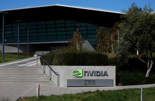 The Nvidia logo is displayed on a sign at the Nvidia headquarters on February 26, 2025 in Santa Clara, California