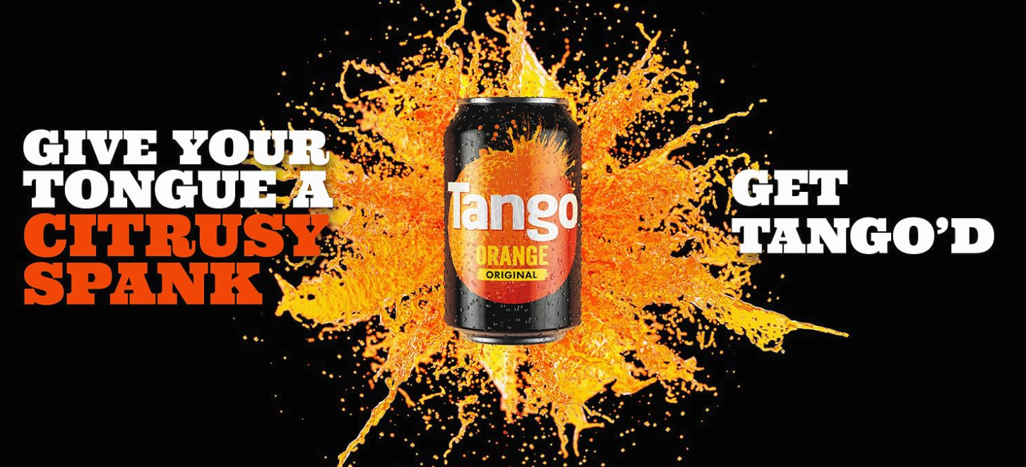 Tango advert that says 'give your tongue a citrusy spank get tango'd' with a can of Tango next to it