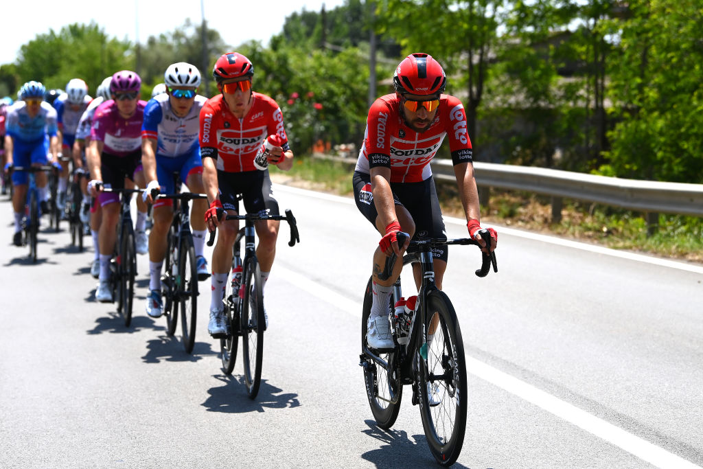 SCALEA ITALY MAY 12 Thomas De Gendt of Belgium and Team Lotto Soudal leads the peloton during the 105th Giro dItalia 2022 Stage 6 a 192km stage from Palmi to Scalea Giro WorldTour on May 12 2022 in Scalea Italy Photo by Tim de WaeleGetty Images