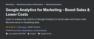A screenshot of the Udemy website advertising the 'Google Analytics for Marketing - Boost Sales & Lower Costs' course
